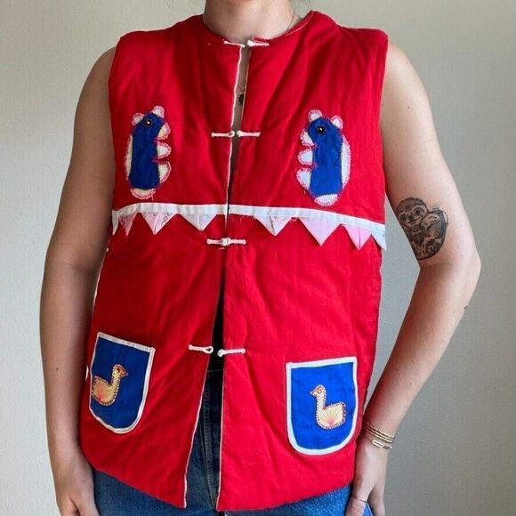 Vintage Handmade 1950s Quilted Animal Scene Folk Cottagecore Vest Sz M - Picture 5 of 10